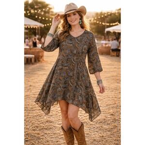 Paisley Vine Womens Dress M Blue Gold Paisley Classic Boho Western Dark Cottage